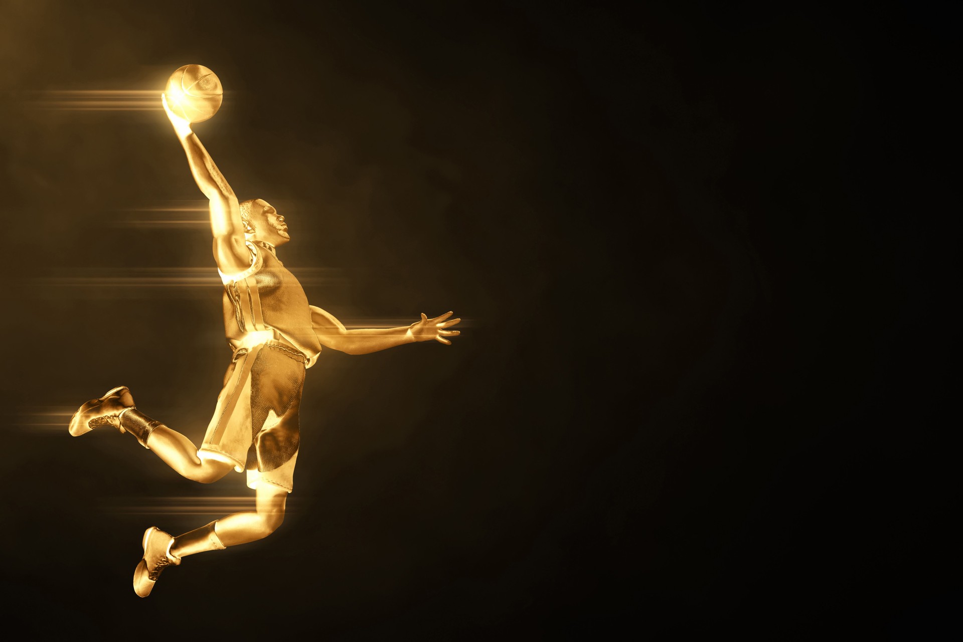 3d illustration shiny golden professional basketball player slam dunk on dark background