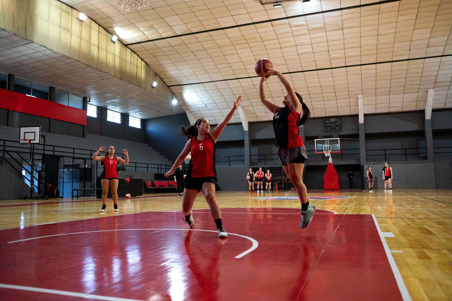 Professional female basketball players having training on indoor court